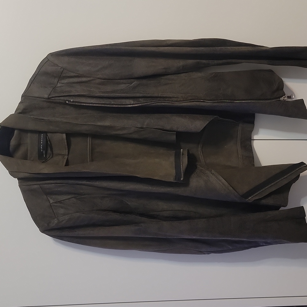 Zara Army Green Leather/Suede Moto Jacket